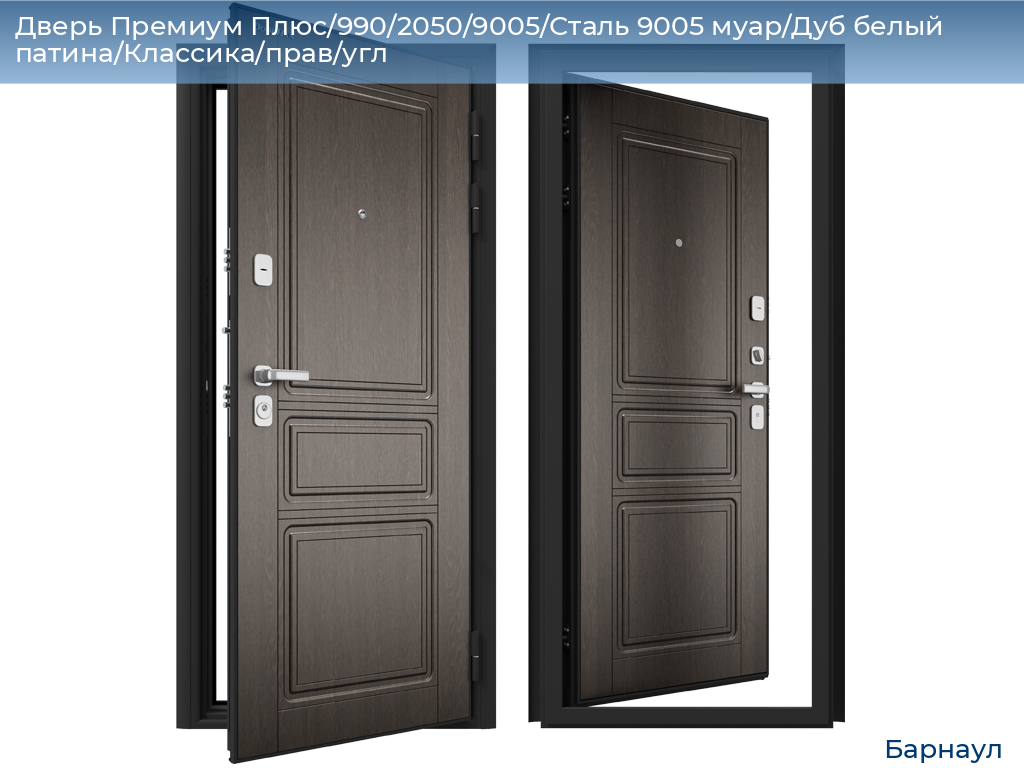 Дверь Премиум Плюс/990/2050/9005/Сталь 9005 муар/Дуб белый патина/Классика/прав/угл, barnaul.doorhan.ru
