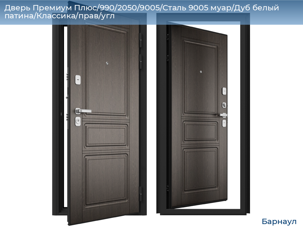 Дверь Премиум Плюс/990/2050/9005/Сталь 9005 муар/Дуб белый патина/Классика/прав/угл, barnaul.doorhan.ru